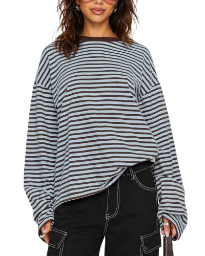 Image of SUOSDEY Women Oversized Striped Long Sleeve Top CrewNeck Loose Fit Casual Tee Shirts Y2k Stripe Basic Everyday Blouse Tops for Daily Streetwear Blue