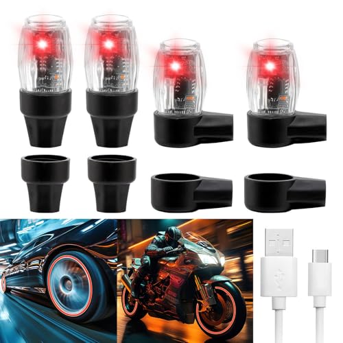 YUERWOVER 4 Pack Tire Lights for Car LED Colorful Wheel Light Valve Stem Cap Flash Light for Truck Motorcycle Bike Waterproof Rechargeable Tyre Spoke Lamp Glow in The Dark Reflector Accessories(Red)