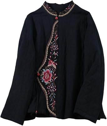 Women Chinese Hanfu Shirt Long Sleeve Frog Button Mandarin Collar Thick Ethnic Embroidery Elegant Blouse Tops