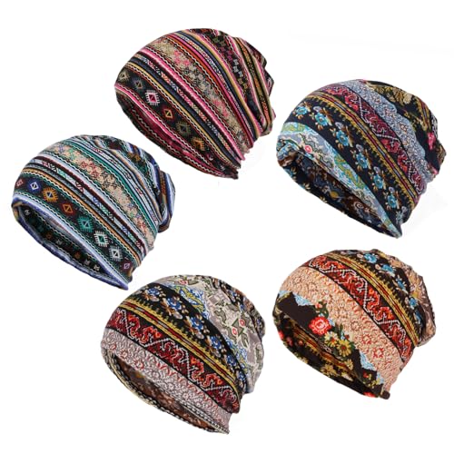 Lunukopi 5 Pieces Womens Slouchy Beanie Chemo Hats - Soft Open Top Sleep Cap - Breathable Stretch Head Scarf and Cancer Headwear for Hair Loss