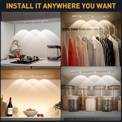 Image of Desidiya Motion Sensor Under Cabinet LED Light, USB Rechargeable, Stepless Dimmable, 3 Color Temperatures (3000K /4000K /6000K), 400mAh Battery, Dimmable Closet Lamp, Wireless Stick-On for Wardrobe