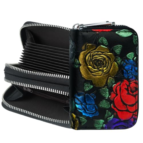 Image of CONISY Small Leather Womens Credit Card Holder Wallet with RFID Blocking (Golden Rose)