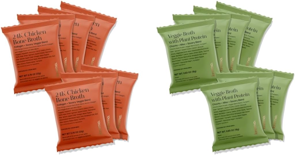Kroma 24k Chicken Bone Broth, Dairy & Gluten Free Powder Mix with Collagen, Protein, Turmeric, Ginger - 7 Packets + Vegetable Broth, Gluten Free, Vegan Food, Veggie Powder Mix with Red Miso