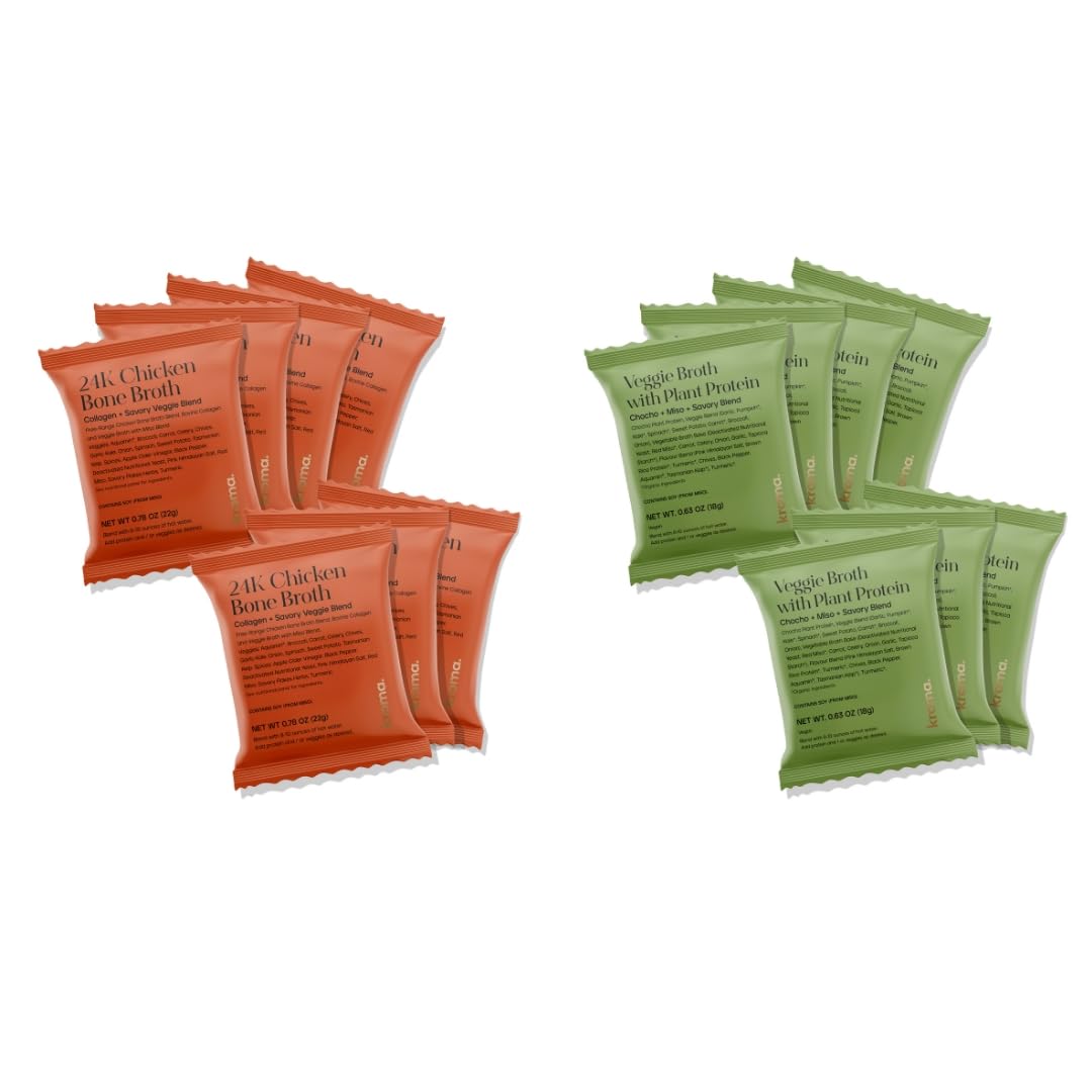 Kroma 24k Chicken Bone Broth, Dairy & Gluten Free Powder Mix with Collagen, Protein, Turmeric, Ginger - 7 Packets + Vegetable Broth, Gluten Free, Vegan Food, Veggie Powder Mix with Red Miso