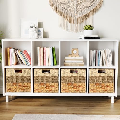 SpaceAid 4 Pack 3 Pattern Design Wicker Basket, Baskets for Organizing, Storage Rattan Basket with Handles for Shelves, Woven Cube Storage Bin Organizer, 13x13x13 inch, Natural by SpaceAid - Image 4