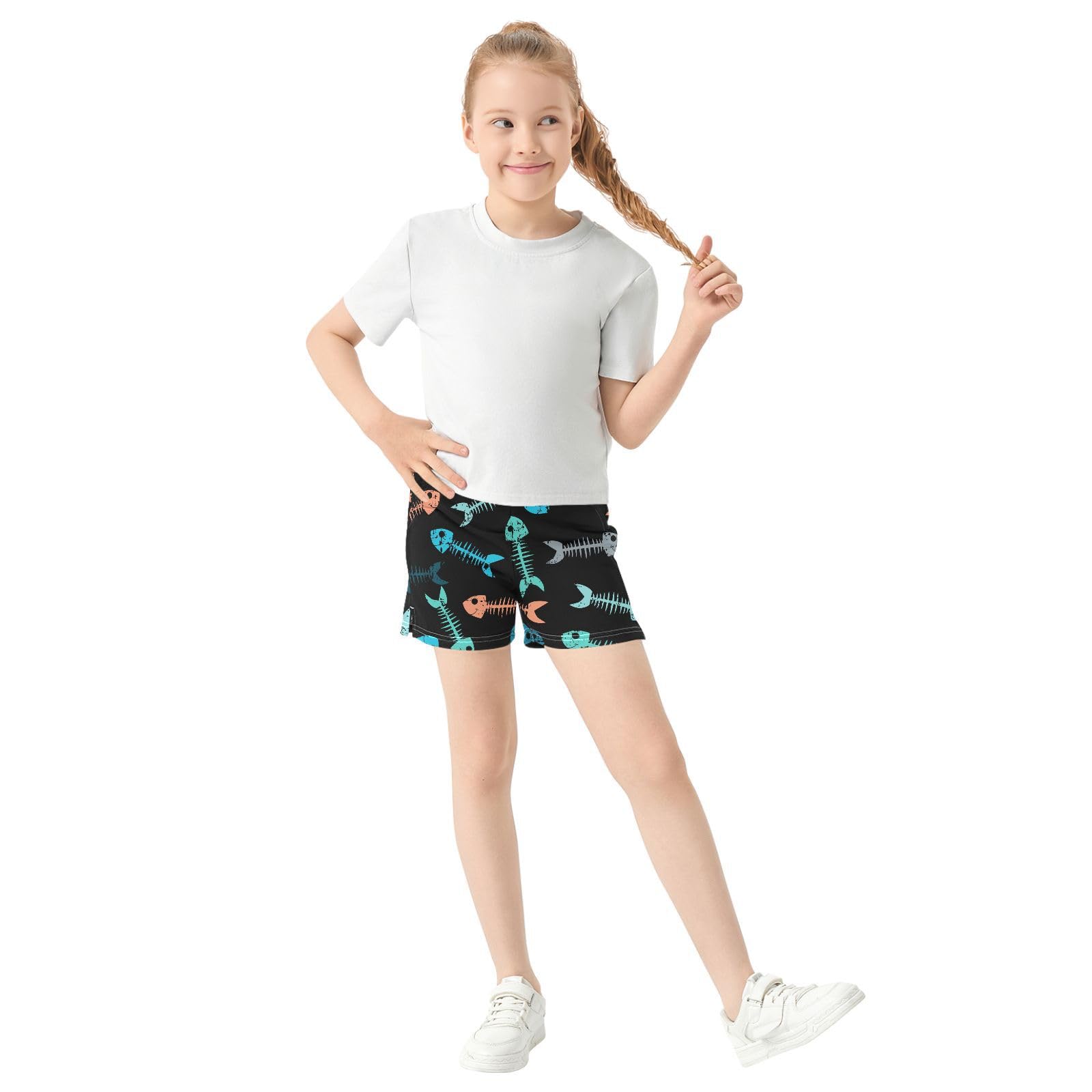 pnyoin Girl's Shorts Fish Skeleton Pattern Athletic Running Shorts with Pockets Size 14-15t Multi