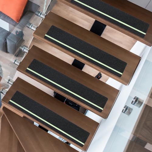 Image of Outdoor Non Slip Tape 6'' x 32'' (12-Pack) High Traction Adhesive Treads with Free Roller - Heavy Duty 80 grit Non Slip Tape -Anti Skid Strips Black with Glow in The Dark Stripe - Grip Tape for Steps