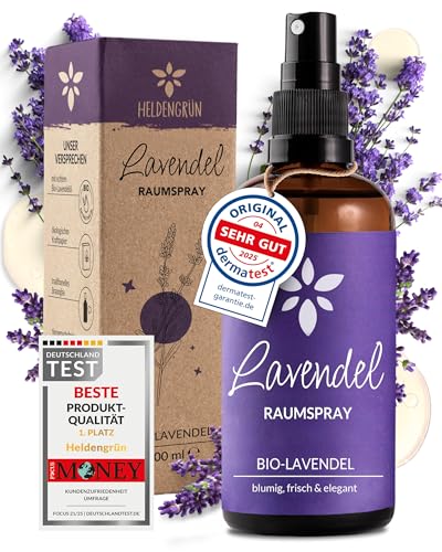 Heldengrün® Lavendelspray Gute Nacht [Bio-LAVENDELÖL] Dermatologisch getestet - Lavendelspray für Kopfkissen - Blumig & frisch - Lavendel...