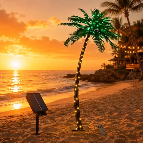 7FT Solar Lighted Palm Tree with Remote Control, 152 LED Outdoor Artificial Palm Tree Lights, Green...