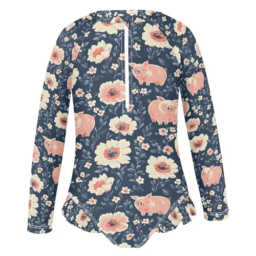 ALAZA Piggy Pig Floral Navy Girls One Piece Swimsuit Long Sleeve Rash Guard Swimsuits UV 50+ Swimwear Zipper2