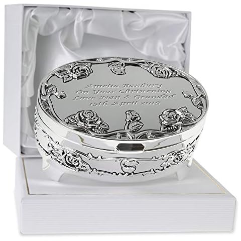 De Walden Girl's Christening Gift Personalised Silver Plated Rose Trinket Box in a Presentation Box Girls Christening Gift Idea Cover