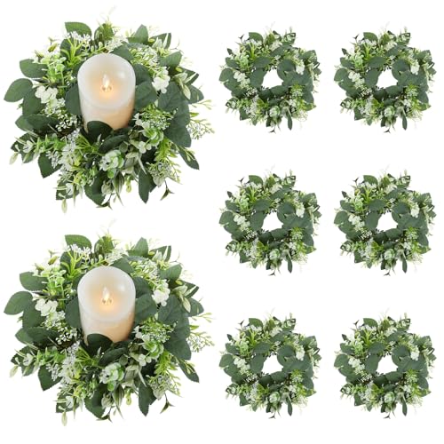 GLOMAXLY 8 Pack Eucalyptus Candle Rings, Artificial Greenery Candle Wreath, Floral Candle Rings for Pillar Candles, Table Centerpieces for Party Event, 9.84 Inch Small Greenery Rings for Wedding, Home by GLOMAXLY - Used condition - US$19.79