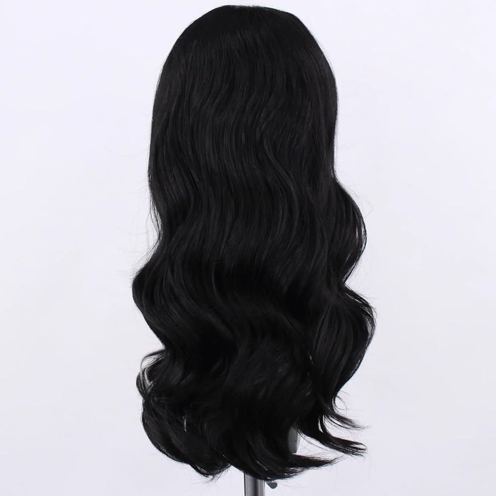 RONGDUOYI RDY Black Mix White Highlight Wig for Women Pure Black with a White Front Streak Lace Front Wigs 26inches Long Body Wave Synthetic Wig with Natural Hairline