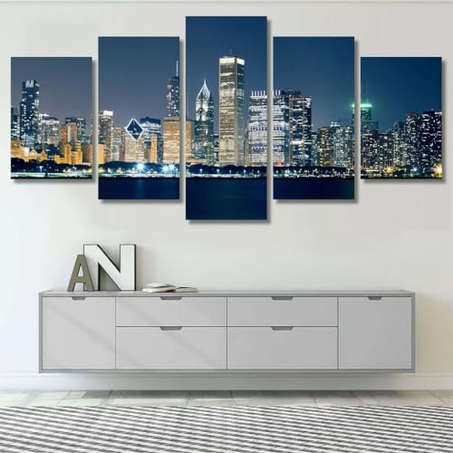 Tableau de décoration murale Chicago skyline 5 panneaux avec cadre