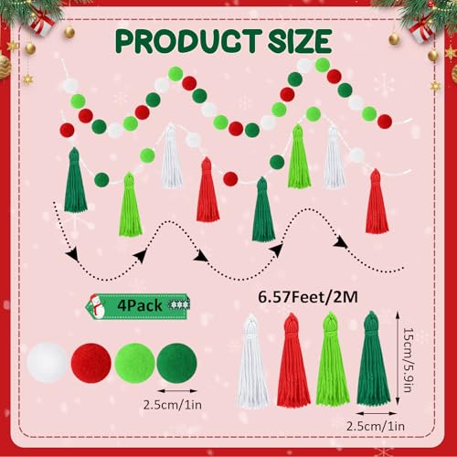 Image of MARFOREVER 4 Pack 26.3 Ft Christmas Pom Pom Garland Party Supplies Decor | Red Green White Christmas Felt Ball Garland, Xmas Tassel Garlands, Xmas Tree Holiday Home School Birthday Hanging Decoration