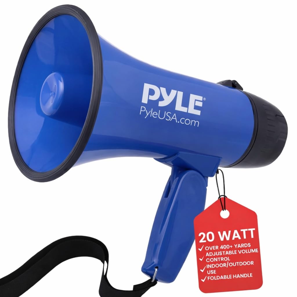 Pyle PMP21BL Portable Megaphone Speaker Siren Bullhorn - Compact and Battery Operated with 20 Watt Power, Microphone, 2 Modes, PA Sound and Foldable Handle for Cheerleading and Police Use, Blue