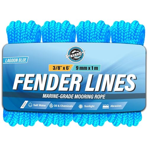 Image of WavesRx Premium Fender Line 3 /8'' x 6' (4 Pack) | Double Braided Nylon Boat Dock Lines and Ropes for Docking Buoys & Fenders | Marine Dock Ropes for Boats, Pontoons | Boat Ropes for Docking with Loop