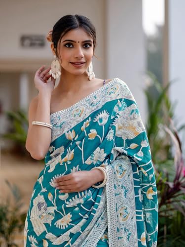 Image of SIRIL Women's Printed Ready to Wear Mul Cotton Saree With Unstitched Blouse Piece