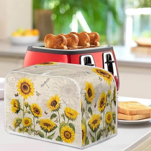 Image of 4 Slice Toaster Cover with Handle, Universal Fits, Sunflower Dragonfly Retro