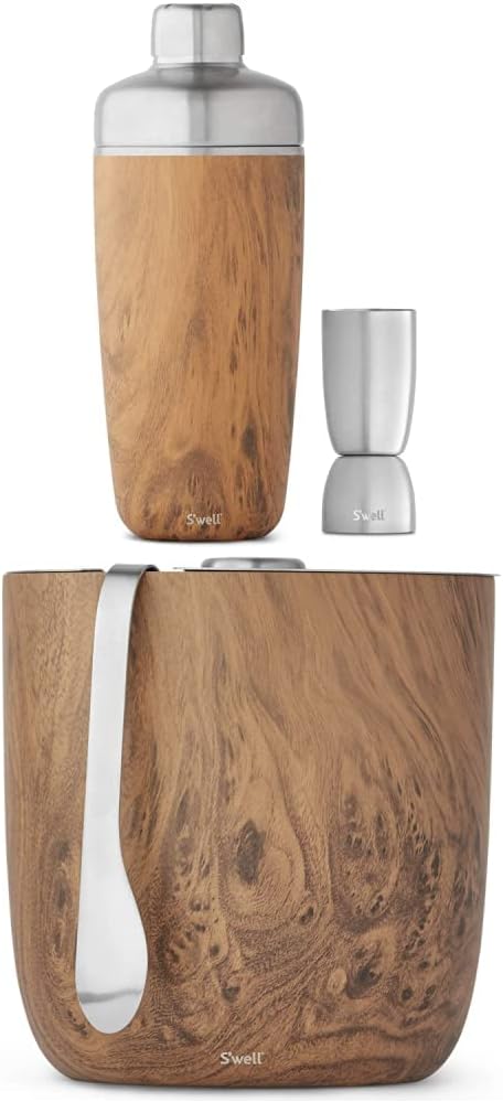 S'well Stainless Steel Shaker Set with Jigger Carafe - 18 Fl Oz - Teakwood - Triple-Layered Vacuum-IandS'well Stainless Steel Ice Bucket with Tongs - Holds 68oz of Ice - Teakwood