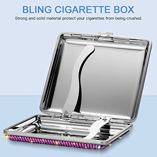 SAVORI Cigarette Case for Women Men, Metal Cigarette Holder Bling Crystal Double Sided Cigarette Box for 20 Cigarettes Gift for Smoker (Pink)
