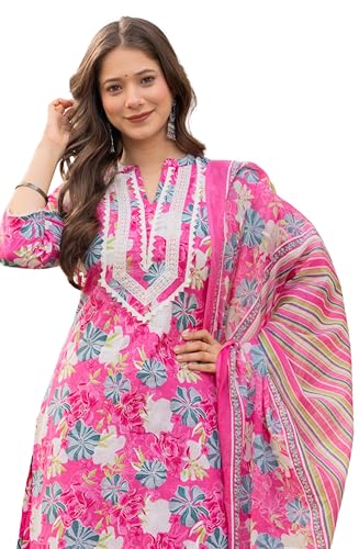 Image of Amayra Women's Pure Cotton Straight Kurta Set with Palazzo Pants & Dupatta|Ethnic wear|Kurti Suit Set for Women