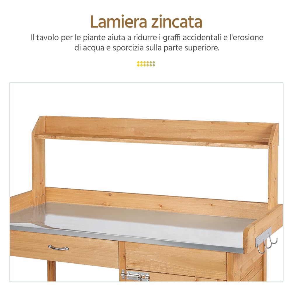 Yaheetech Tavolo Lavoro da Giardino per Piante in Legno Naturale con Ripiano in Metallo Spazioso Cassetto e Armadietto Banco per Giardinaggio 112 x 46,5 x 125 cm