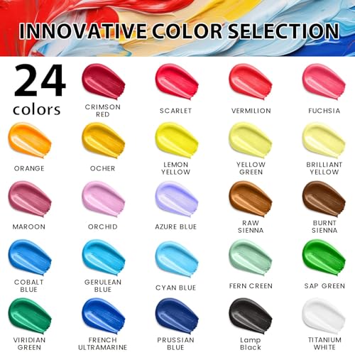 40 Pcs Acrylic Paint Set - 24 Colors (2oz/60ml) with 12 Brushes, 2 Knives & Palette - Rich Pigments for Adult, Artists & Beginners - Painting on Halloween Pumpkin Canvas Ceramic Rock Wood by VigorFun - Image 7