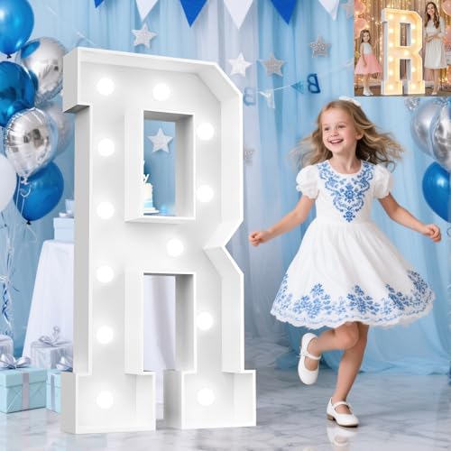 Image of Pooqla 4 FT Light Up Marquee Letters, Giant Mosaic Letter Cool White and Warm White LED, Large Lighted Alphabet Lights for Balloons Birthday Party Anniversary Wedding Decorations, Letter R