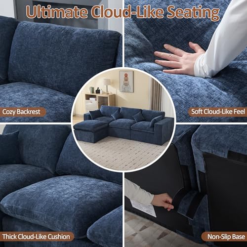 Image of 115''Cloud Boneless Sectional Couch, Modular Sectional Sofa Deep Seat with Ottoman, Oversized Upholstered Convertible Comfy 4 Seater Chenille Sofa L Shape Couches for Living Room, Navy