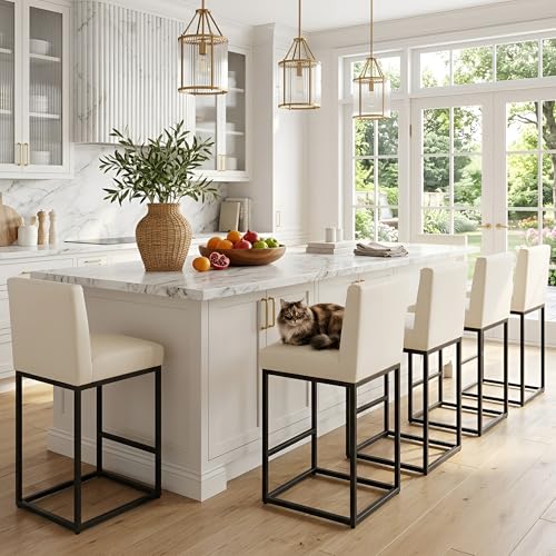 Image of HNY Modern Counter Height Bar Stools Set of 6, Leather Upholstered Barstools with Back, 27 Inch Tall Bar Chair with Armless for Kitchen Island, with Black Metal Frame, White