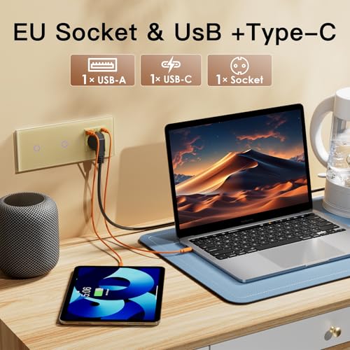BSEED Touch Lichtschalter mit Steckdosen doppelte 1 Fach 1 Weg Wandschalter mit einer USB Steckdose Anschluss (Max. 2.1A) Typ C Port Unterputz Touchscreen-schalter mit Glasrahmen 228mm Golden