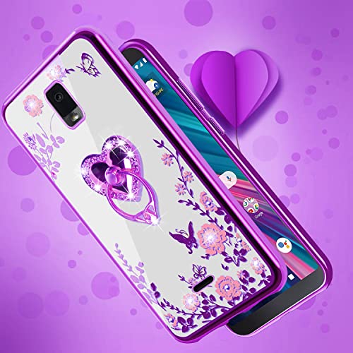 B-Wishy For Blu View 3 Case For Women, Glitter Crystal Butterfly Heart Floral Slim Tpu Luxury Bling Cute Protective Cover With Kickstand+Strap For Blu View 3 B140Dl (Purple) #TOP5