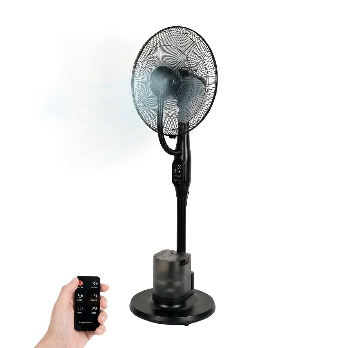 InnovaGoods - Ventilador de pie con nebulizador de 3 intensidades, mando a distancia, panel táctil, 3 velocidades, 3 modos, oscilante 80º, temporizador, ruedas, motor de cobre, silenciador, 90 W