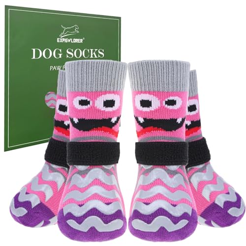 EXPAWLORER Dog Socks to Prevent Licking Paws with Grippers for Hardwood Floors Anti Slip, Cute Double Sides Dog Winter Shoes Booties Boots & Paw Protectors with for Small Medium Large Senior Dogs M