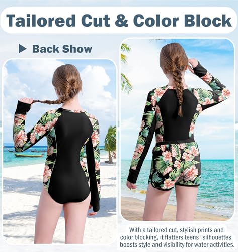 HOZIY Girls One Piece Swimsuit Long Sleeve Zipper Rash Guard Sets Kdis Bathing Suits with Shorts Summer Swim Suits Size 6-7 Black Floral — view 6