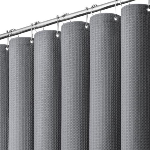 Dynamene Grey Fabric Shower Curtain for Bathroom - Waffle Weave Textured Heavy Duty , 256GSM Hotel Luxury Weighted Cloth Bath Curtain Set with 12 Plastic Hooks,72x72, Grey/Gray