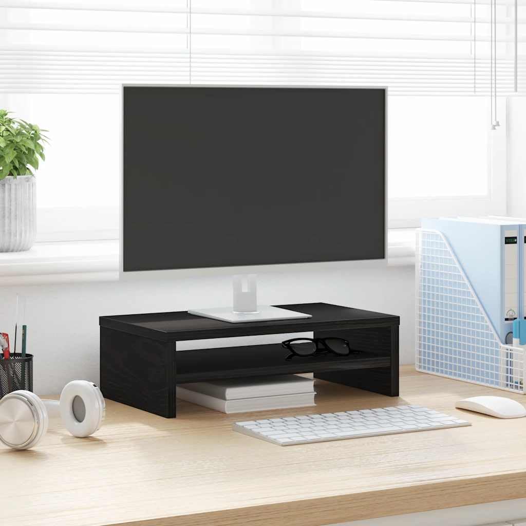 Supporto per monitor, in legno di rovere nero, 42 x 24 x 13 cm, da scrivania, per PC, ergonomico, salvaspazio, per ufficio, casa, gaming, con gestione cavi e ventola
