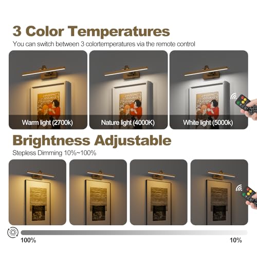 Image of Picture Lights for Wall Battery Operated 3 Colors Dimmable Lights for Pictures On Wall 15.56 Inch Brass Art Lighting for Paintings Wireless Gallery Light Poster Lights with Remote and Timer