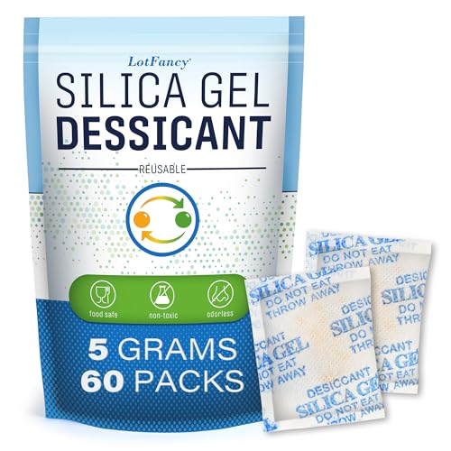 LotFancy Silica Gel Packets, 5 Gram 60 Packs Rechargeable Desiccant Dehumidifiers Packets, Moisture Absorber Drying Bag with Orange Indicator, Non-Toxic, Odorless