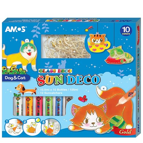 AMOS - AMOS Sun Deco Window Art — 10.5 ml x 10 Colors — 12 Small Gold Outline Suncatchers for Kids (Dog & Cat), DIY Painting Craft Kit