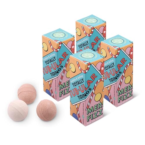 Dabble & Dollop Totally Tub-ular Tidings Merry Fizzfest Mini Bath Bombs Stocking Stuffer - Holiday Gift Set of Three Fizzy Natural Bath Bombs for Kids (Pack of 4)