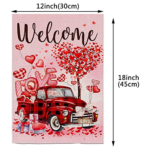 Valentines Day Garden Flag 12X18 Double Sided, Pink Valentine Garden Flag Burlap Yard Flag Farmhouse Welcome Valentine Flag, Red Truck Valentines Day Decor Outdoor Home Cute Sign #TOP4