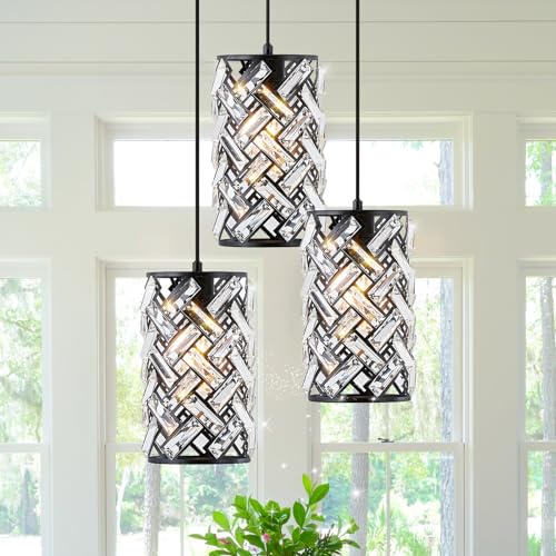 CATINER 3 Lights Crystal Pendant Light Modern Black Mini Chandelier,