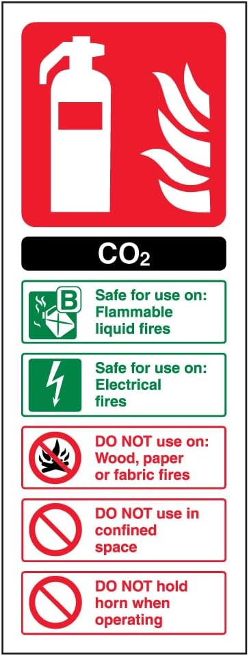 V Safety Co2 Id Fire Extinguisher Sign - Portrait - 100mm x 280mm - 1mm Rigid Plastic, Black/Green/Red