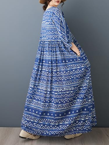 Image of Women Plus Size Dresses Summer Vintage Print O Neck Oversized Boho Vacation Casual Robe with Side Pockets