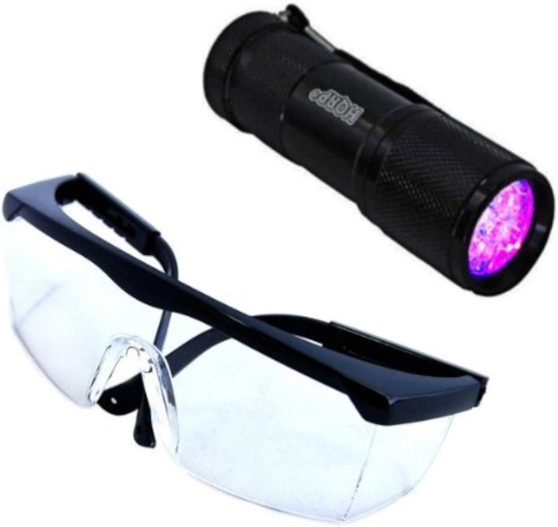 HQRP Professional 365 nM 9 LED Rocks/Stones Illumination/Glow/Fluorescence Flashlight Blacklight and Clear Lens Safety Glasses
