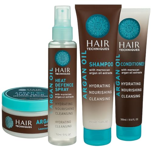 Image of (Bundle of 4)Hair Techniques Moroccan Argan Oil Hair Care Set, Heat Defence Spray 150ml, Shampoo 300ml, Conditioner 300ml, Hair Mask 250ml