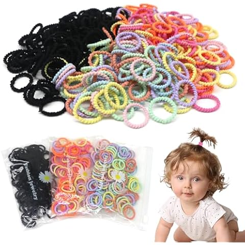 300Pcs Small Hair Ties for Baby Kids Girls Thin Hair, No Crease Toddler Soft Elastic Hair Ponytail Holders, Cute Cotton Thread Style Hair Bands 0.8inch Mini Hair Ties No Damage, BlueZOO Cover