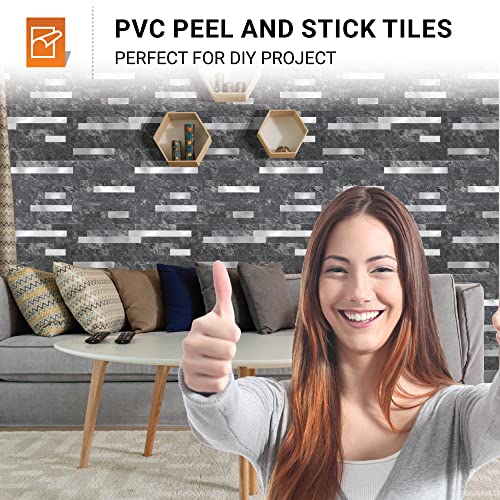 Milesun 10 Sheets Peel And Stick Backsplash Tile, 10.5 Inch X 11.5 Inch Decorative Wall Stickers Pvc Tiles For Kitchen, Bathroom, Laundry Room, Camper, Fireplace (Dark Stone With Brushed Silver Metal) #TOP6